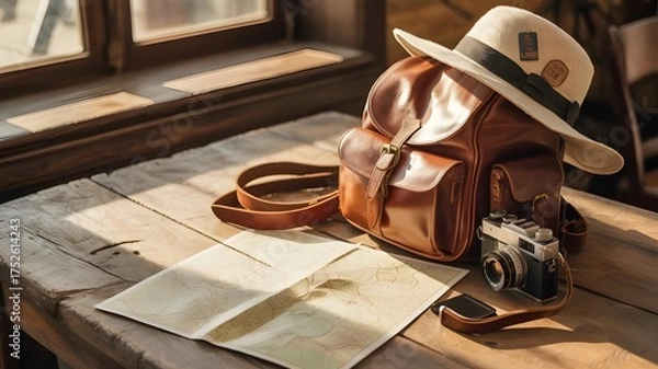 Obraz Travel Adventure Essentials Flat Lay on Rustic Wooden Table