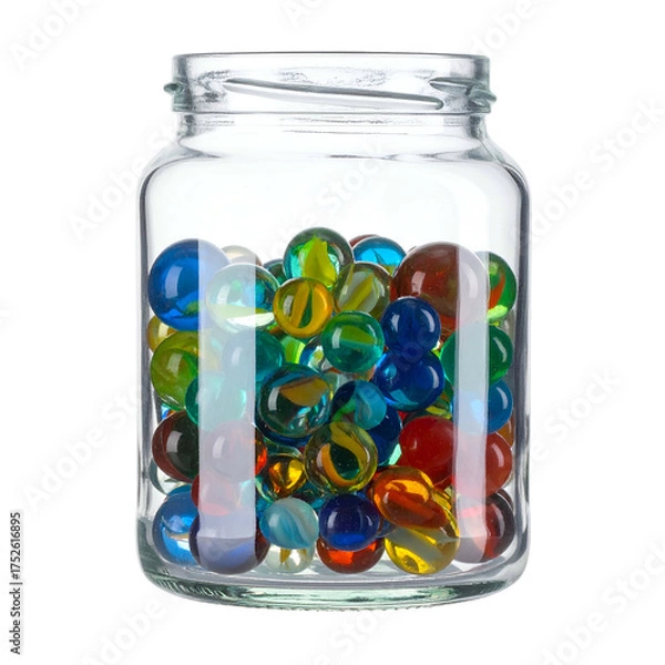 Obraz Glass jar filled with colorful marbles against a dark background.