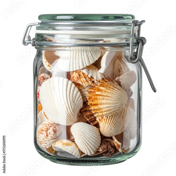 Obraz Glass jar filled with various seashells and sea treasures.