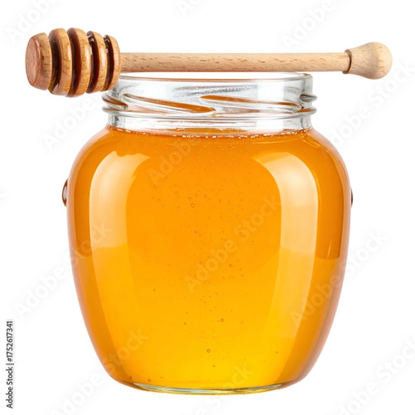 Obraz Glass jar filled with golden honey and a wooden dipper rests on top.