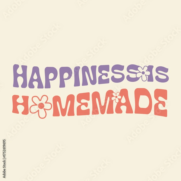 Fototapeta Happiness is a homemade retro groovy font with flowers and pastel colors