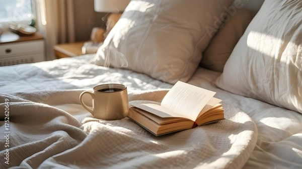 Obraz Cozy Morning with Coffee, Book, and Blanket on Bed
