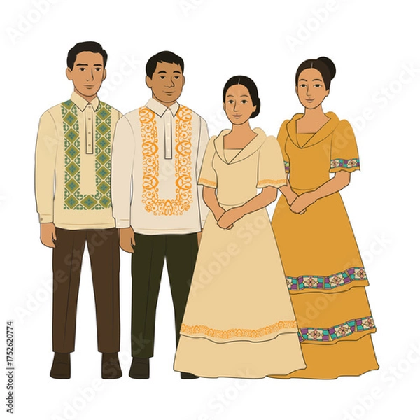 Fototapeta Filipino Traditional Attire Vector Set – Barong and Saya Characters in Cultural Outfit Variations