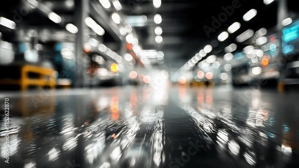 Obraz A modern factory floor with reflective surfaces and blurred industrial lights, showcasing contemporary industrial design.