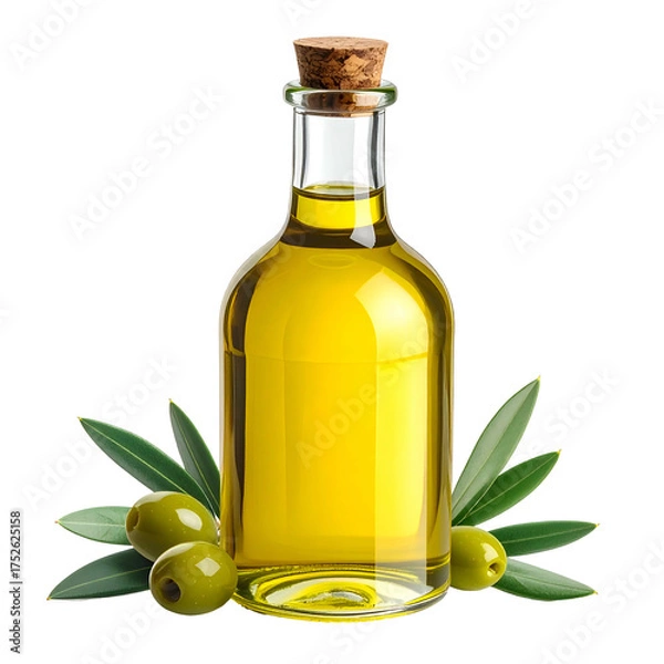 Obraz Clear glass bottle with cork contains golden oil and olives.