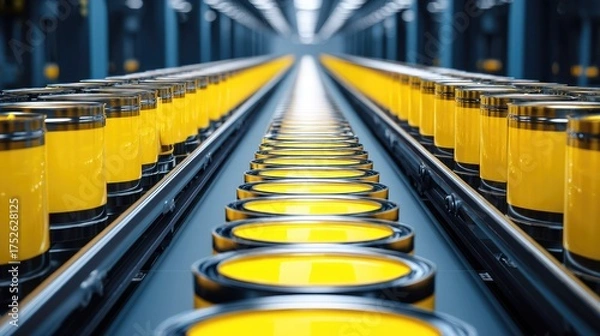 Fototapeta Yellow Paint Cans on Production Line in Modern Factory Setting