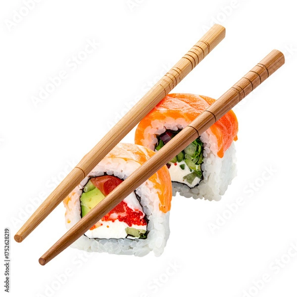 Obraz Two fresh sushi rolls with salmon and chopsticks on black.