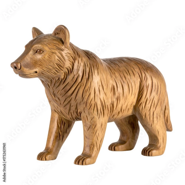 Obraz Hand carved wooden bear stands facing left against a black background.