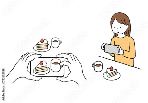 Obraz スマホでスイーツを撮影している人の手描きイラスト