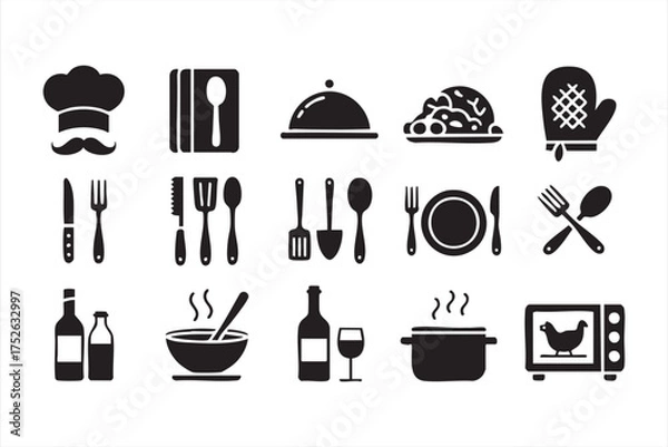 Fototapeta Flat vector icons of food and chef elements for kitchen and dining themes