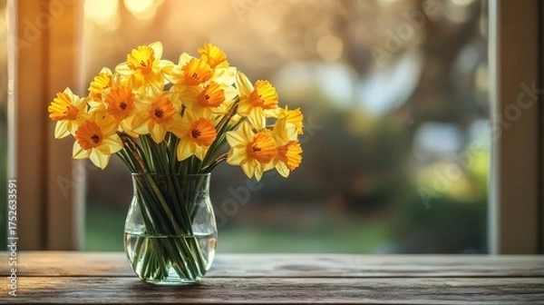 Fototapeta A beautiful bouquet of yellow daffodils in a glass vase by a sunny window.