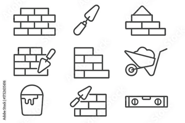Fototapeta Construction icons set for bricklaying and masonry. Vector thin line symbols of a brick wall, trowel, cement, wheelbarrow, and builder tools. Editable stroke for web design.