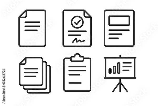 Obraz Document line icon set. Contract, presentation, report outline signs. Business agreement, checklist, data analysis symbols. Editable stroke vector for web, infographics, apps.