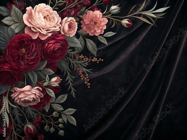 Fototapeta Elegant Floral Arrangement on Dark Velvet Background Featuring Roses and Delicate Foliage for Sophisticated Designs