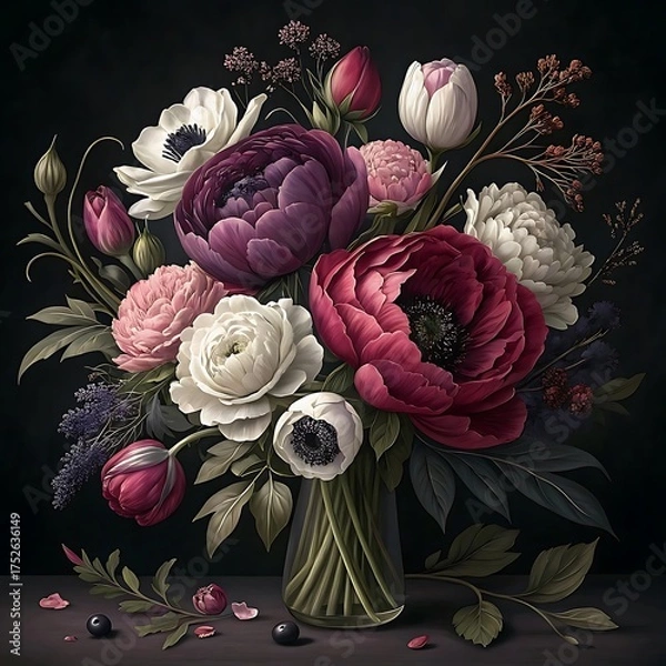 Fototapeta Elegant Floral Arrangement with Deep Reds Purples and Whites for Sophisticated Decor and Special Occasions