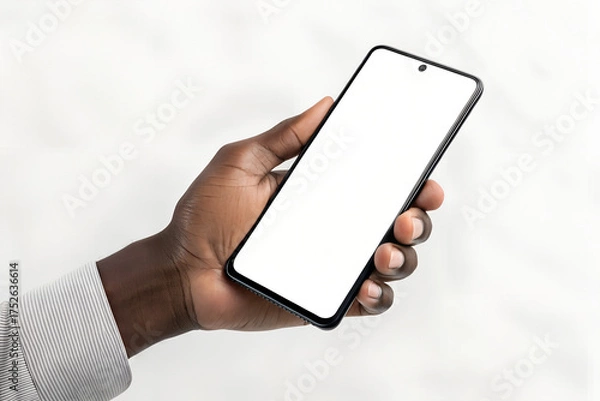 Fototapeta Hand Holding Smartphone with Blank White Screen Mockup.
