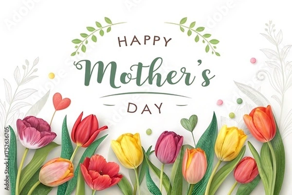 Fototapeta Beautiful Mothers Day Tulips Illustration with Greenery and Decorative Elements for Greeting Cards and Celebratory Designs