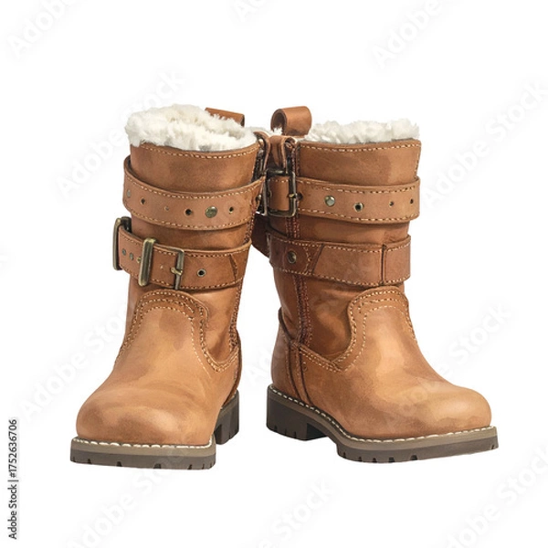 Obraz Pair of brown leather boots with fur lining and buckled straps.