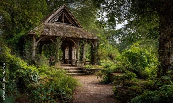 Obraz Enchanting wooden gazebo nestled in lush green forest scenery.