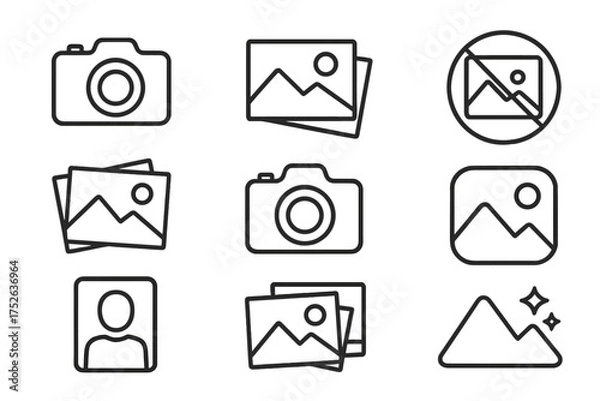 Fototapeta Editable Thin Line Photo Icon Set with Camera, Pictures, Profile, and No Image Symbols. Vector Illustration for Banners, Social Media, Apps, and Cards with Transparent Background