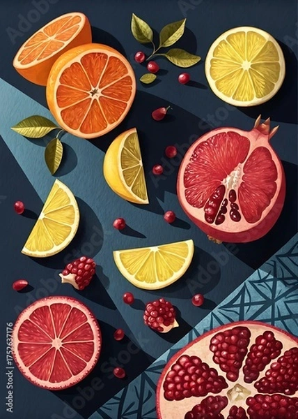 Obraz Fresh Fruit Still Life Featuring Oranges Lemons and Pomegranates in a Visually Appealing Arrangement