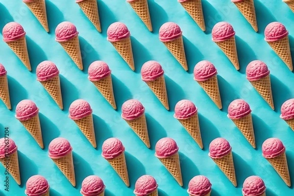 Obraz Delicious Pink Ice Cream Cones in a Repeating Pattern on a Bright Blue Background for Summer