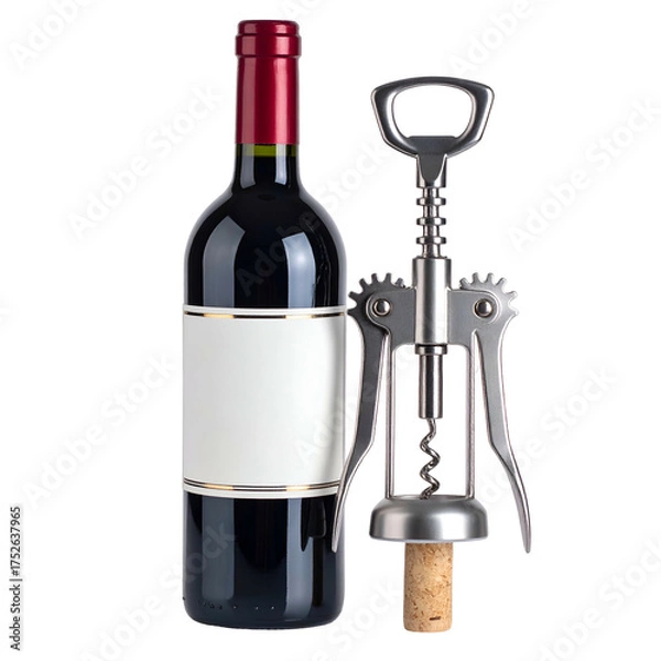 Obraz Dark bottle with blank label and corkscrew tool beside it.