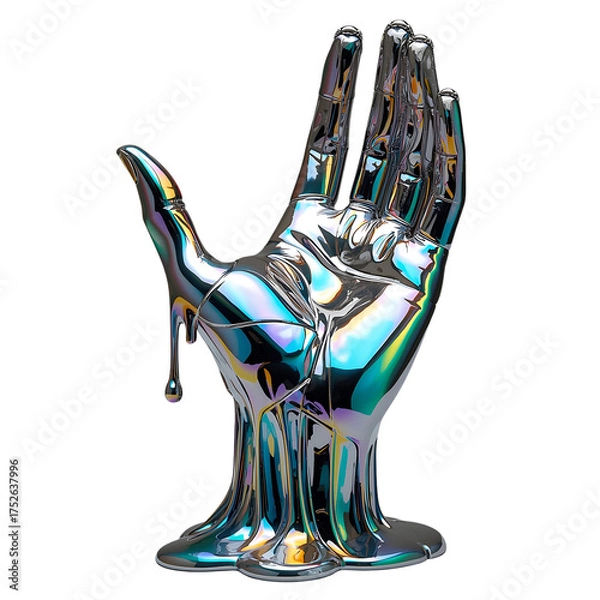 Fototapeta Iridescent Chrome Hand Dripping with Liquid Metal on Black Background Modern Art Piece