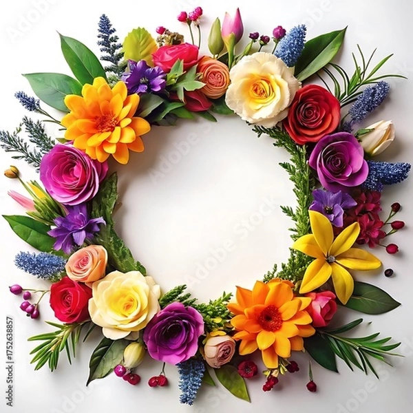 Obraz Floral Wreath Composition of Vivid Flowers for Creative Design with Empty Space in the Middle Ideal for Invitations and Greeting Cards