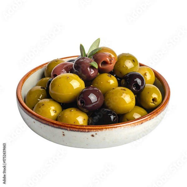 Obraz Bowl of colorful mixed olives with a leaf garnish sits against a black background.