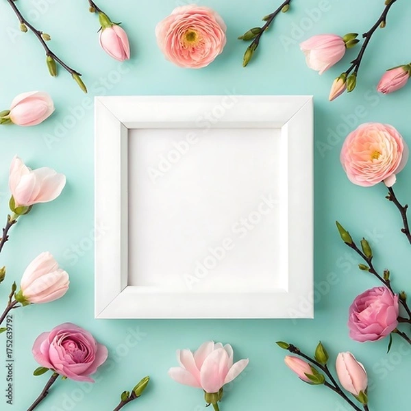 Fototapeta Elegant Floral Frame Mockup with Pink Roses and Buds on Light Blue Background for Spring or Wedding Invitations