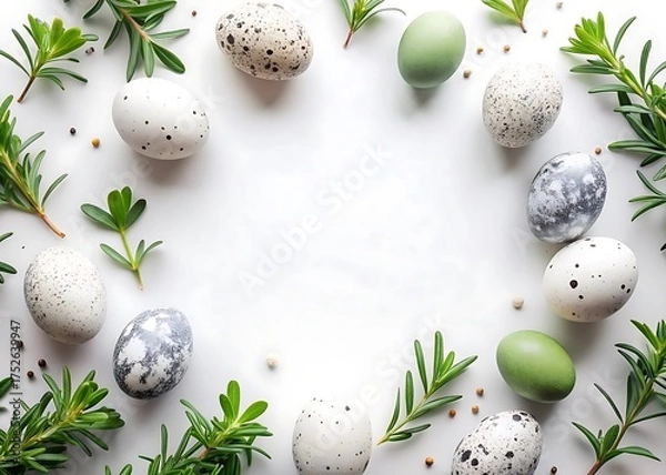 Fototapeta Elegant Easter Composition with Decorated Eggs and Fresh Green Herbs on White Background Perfect for Spring Celebration