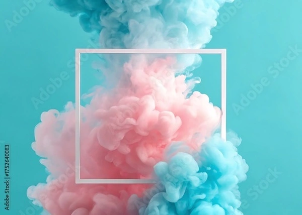 Fototapeta Abstract Pink and Blue Smoke Plumes Inside a Square Frame on Light Teal Background Conceptual Art