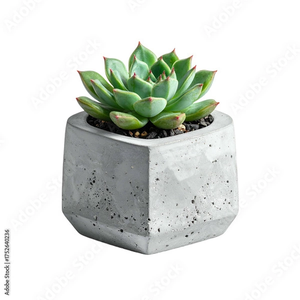 Obraz Green succulent plant grows in a modern geometric concrete planter.