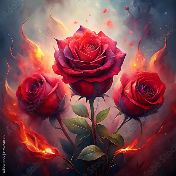 Fototapeta Three Beautiful Red Roses with Abstract Flames a Romantic and Elegant Floral Arrangement Perfect for Valentines Day and Special Occasions