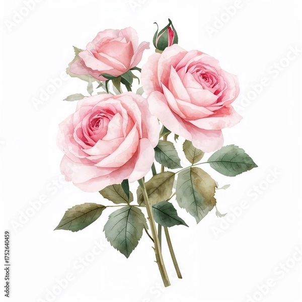 Fototapeta Watercolor Pink Roses Bouquet with Bud on White Background Delicate Floral Arrangement for Wedding Invitation Cards and Romantic Design Elements