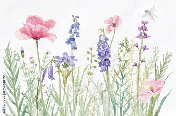 Fototapeta Watercolor Wildflower Meadow with Pink Poppies and Bluebells with Dragonfly Detailed Floral Illustration