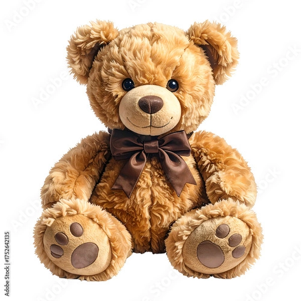 Obraz Fluffy brown teddy bear with dark brown ribbon sits on a black background.