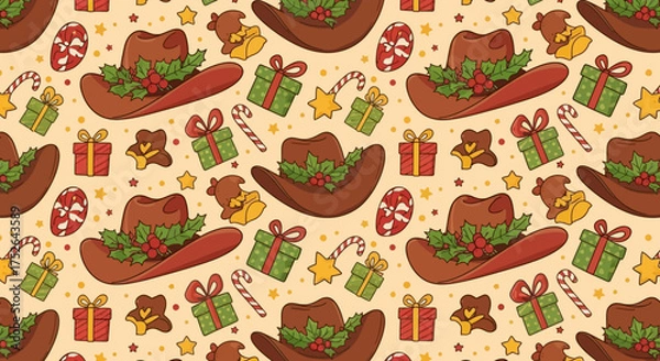 Fototapeta A charming seamless pattern features festive cowboy hats adorned with holly and berries, surrounded by cheerful holiday gifts and sweet treats, perfect for seasonal celebrations.