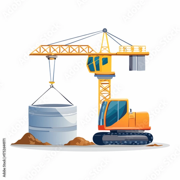 Fototapeta Construction crane lifting concrete element on a white background