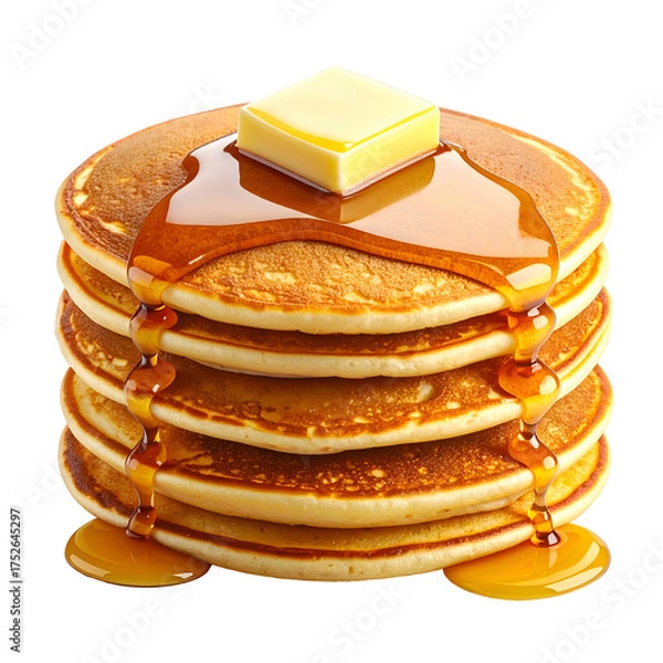 Obraz A stack of golden pancakes with melting butter and dripping syrup.