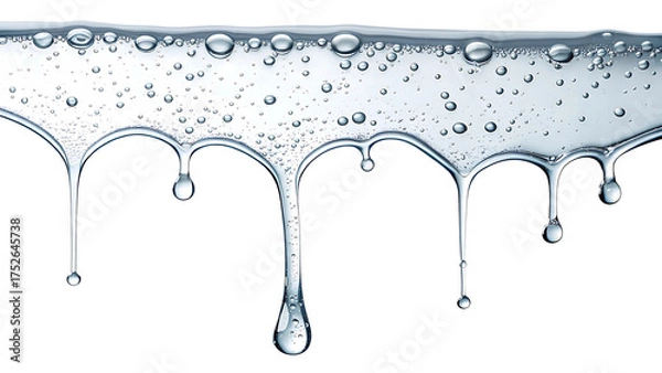 Fototapeta Clear Liquid Dripping with Bubbles Against Black Background Represents Purity and Hydration Concepts