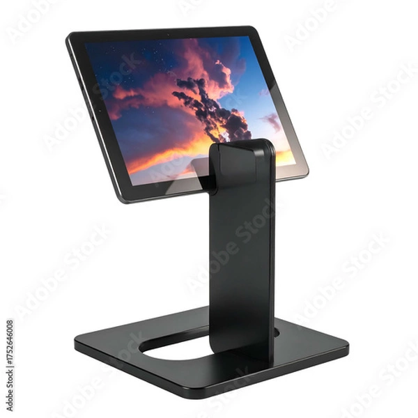 Obraz Tablet device on a modern black stand displays a colorful sunset sky.