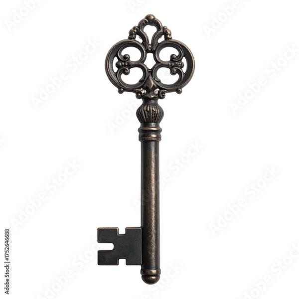 Obraz Ornate antique key with intricate scrollwork stands against black.