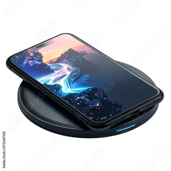Obraz Modern smartphone charges wirelessly on a circular pad.