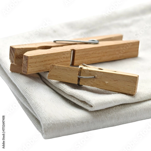 Obraz Wooden clothespins rest on folded white cloth.