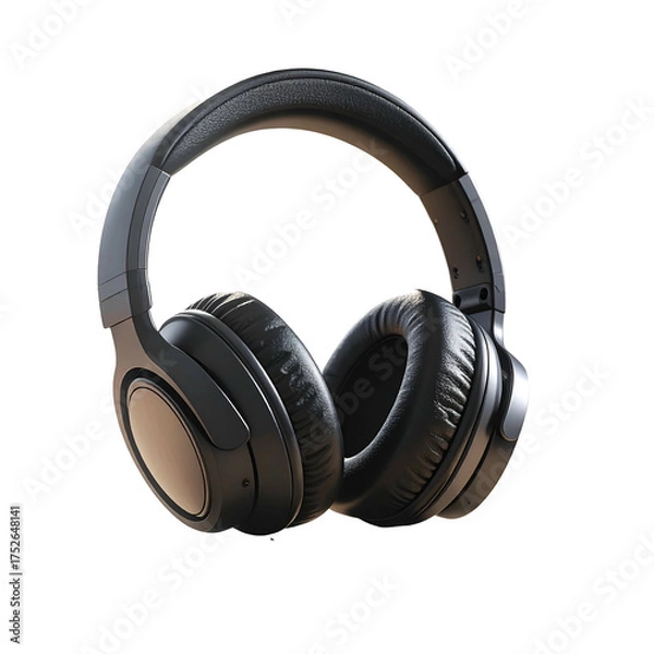 Fototapeta A black circumaural headphone rests against a dark background.