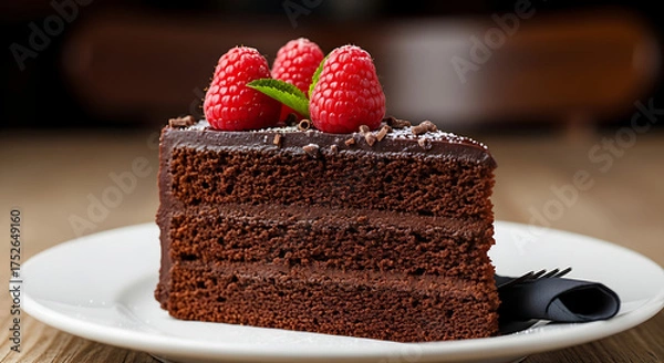 Fototapeta Decadent Chocolate Layer Cake Slice Topped With Fresh Raspberries And Mint Leaf Garnished With Powdered Sugar And Chocolate Shavings On A White Plate With Dark Napkin