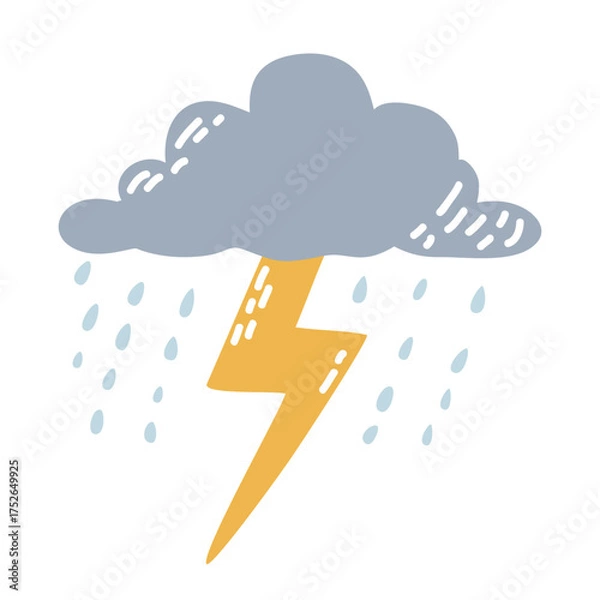 Fototapeta Cartoon Rain Cloud with Lightning Thunderstorm