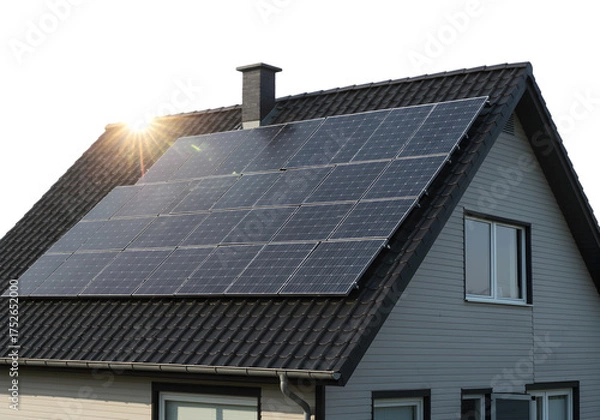 Fototapeta Sunlit Solar Roof System on transparent background